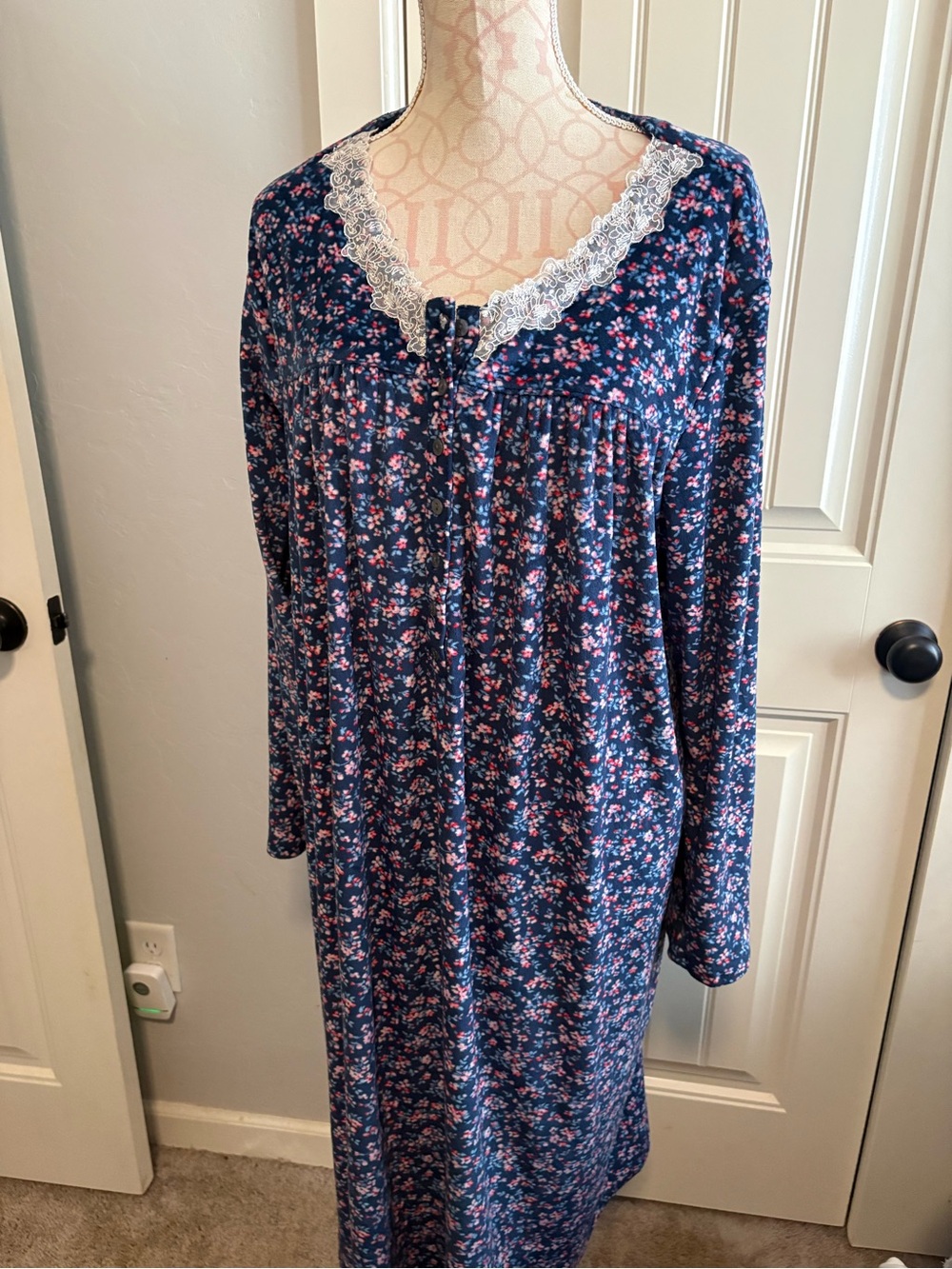 Secret Treasures Navy and Pink Floral Lace-Trim Long Sleeve Nightgown